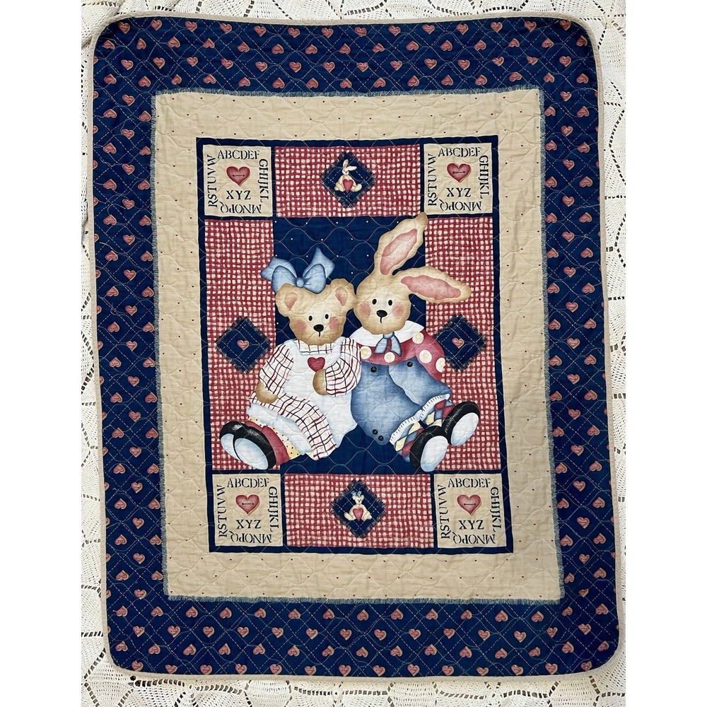 Vintage Teddy Bear Baby Quilt Blanket Red Blue Hearts Cottagecore Daisy Kingdom